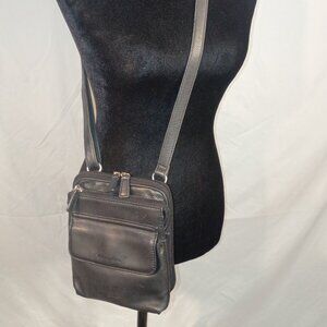 Y2K FOSSIL Compact Black Leather Organizer Crossbody Bag Zip Open